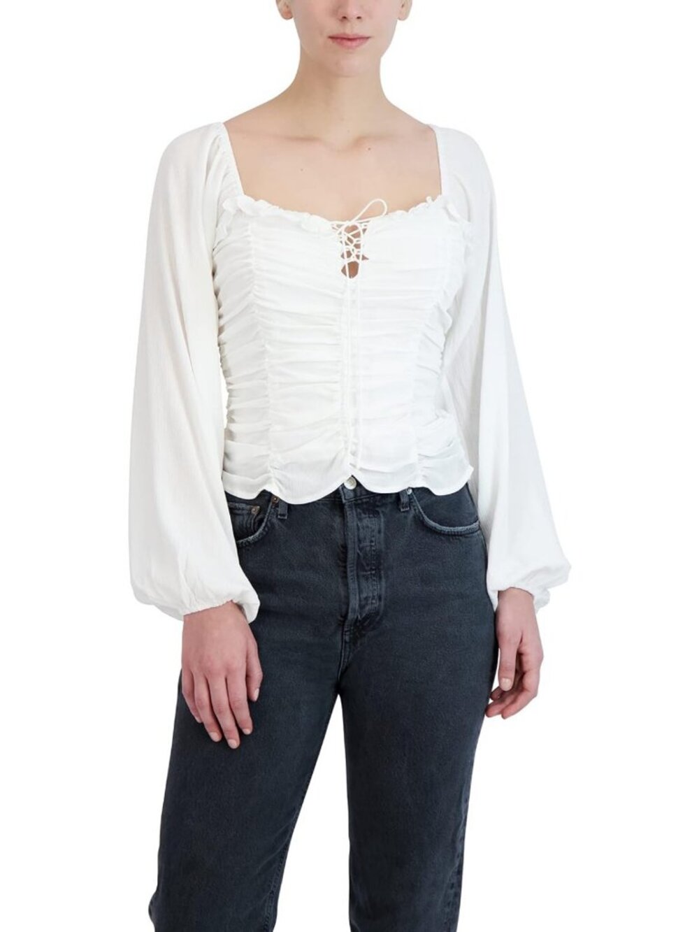 Sheer Long Sleeve Ruffle Top | Fitted Smocked Square Neck Shirt for Women